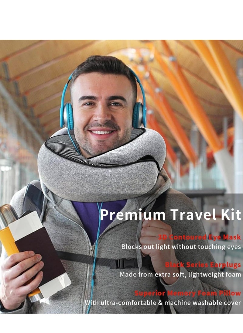 Travel Neck Pillow, Memory Foam Travel Pillow with Eye Masks and Earplugs for Airplanes, Car and Travel for Sleeping Rest(Grey)
