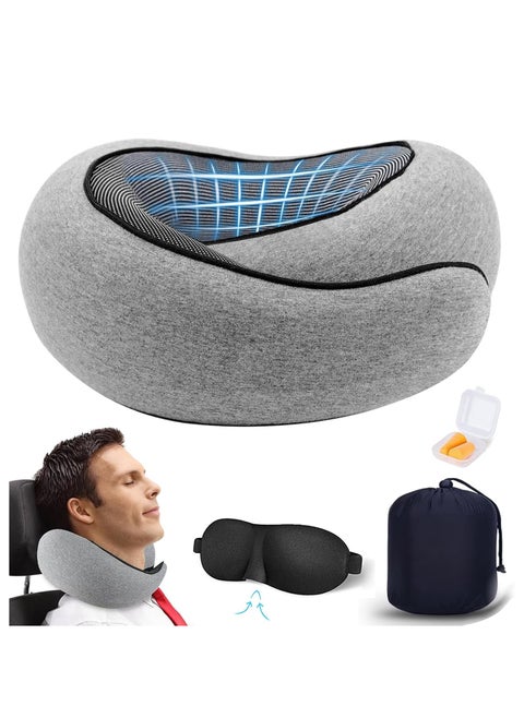 Travel Neck Pillow, Memory Foam Travel Pillow with Eye Masks and Earplugs for Airplanes, Car and Travel for Sleeping Rest(Grey)