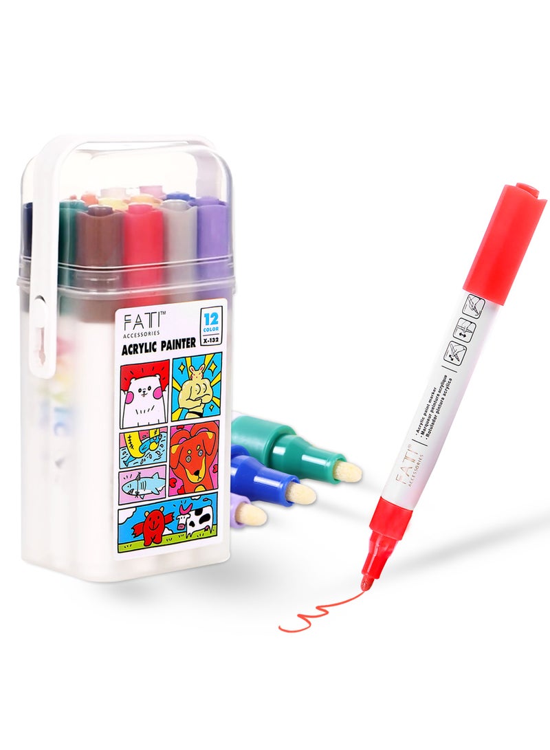 FATI ACCESSORIES Fati Color Pen Acrylic Markers Set of 12 Water Based Permanent Drawing Markers for Rock Art, Glass, Wood, Pottery, Stone, Paper, Fabric, Crafts, School Projects  - Image 1