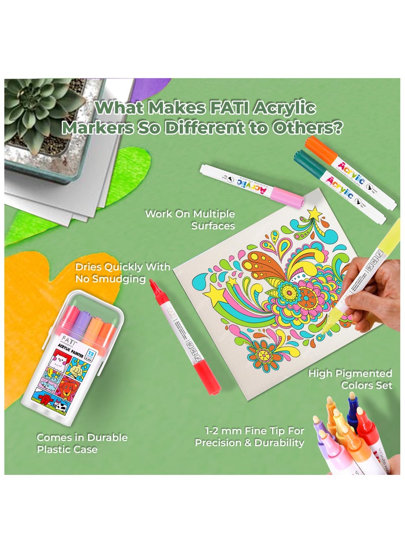FATI ACCESSORIES Fati Color Pen Acrylic Markers Set of 12 Water Based Permanent Drawing Markers for Rock Art, Glass, Wood, Pottery, Stone, Paper, Fabric, Crafts, School Projects  - Image 4