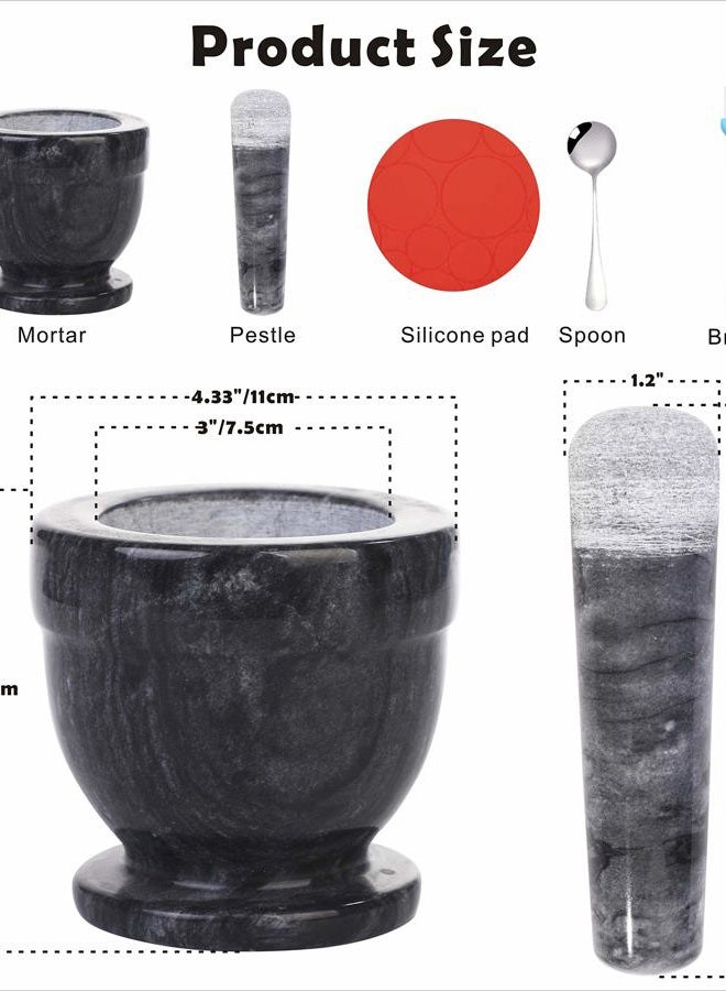 SIPARUI Mortar and Pestle Marble Set for Spices Pestos Seasonings Pastes Guacamole Bowl Herb Grinder Easy to Clean Included:Silicone Mat,Brush,Stainless Steel Spoon 4.33inch(Small,Black Gray) - Image 2