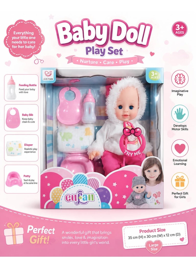vGRASSP AIN YAN Baby Doll Play Set for Girls with Feeding Bottle, Bib, Potty & Diaper Accessories, Interactive Pretend Play Toy, Role Play Gift for Kids Age 3+, Educational Toddler Doll Set - Image 2
