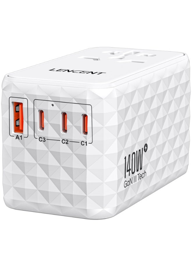 LENCENT 140W International Travel Adapter, GaN Universal Travel Adapter with 1 USB-A & 3 Type C Power Adapter, Fast Charger for Phone,Laptops, Worldwide Plug Adapter for USA/UK/EU/AUS, White - Image 1