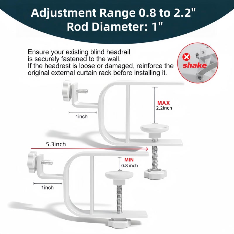 onneka Inside Mount Curtain Rod Bracket for Blinds, No Drill Blind Adapter, Easy 1-Min Tool-Free Install, No Wall Damage, Adjustable 0.8â€“2.2" Headrail, Fits 1" Rod, for Apartments & Rentals, White, 4 Pack - Image 3