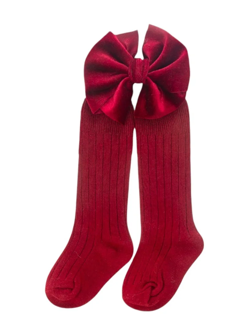 D'Daniela Mikha Socks & Ribbon Bow Set For Babies and Girls - Rosy Red