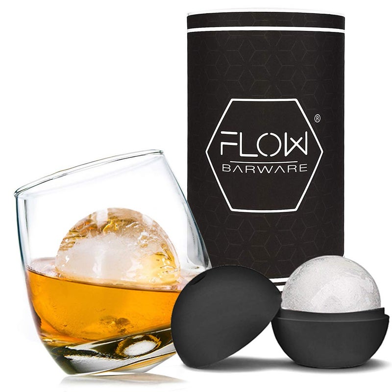 FLOW Barware طقم كؤوس ويسكي متأرجح من فلو باروير هدية ويسكي رائعة مع قالب كرات الثلج هدايا كؤوس الويسكي للرجال يتضمن كوب دوار متأرجح قالب مكعبات ثلج دائرية هدية عيد ميلاد أو عيد الأب