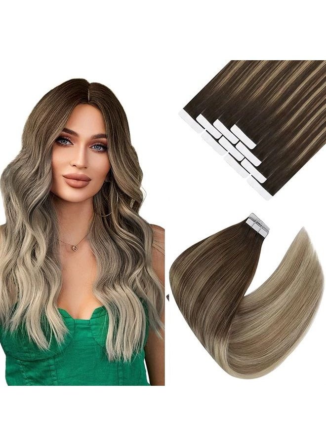 Ve Sunny Tape in Hair Extensions Human Hair Ombre Blonde VeSunny Tape in Real Hair Extensions Dark Brown Ombre Golden Blonde Mixed Platinum Blonde Balayage Tape in Remy Hair Extensions Ombre 10pcs 25g 16inch  - Image 1