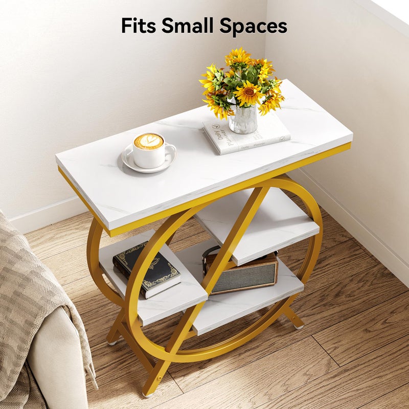 LITTLE TREE End Table, 4-Tier Narrow Faux Marble Side Table with Large Storage Space, Modern Nightstand and Bedside Table for Living Room, Home Office, Bedroom, White and Gold - Image 5