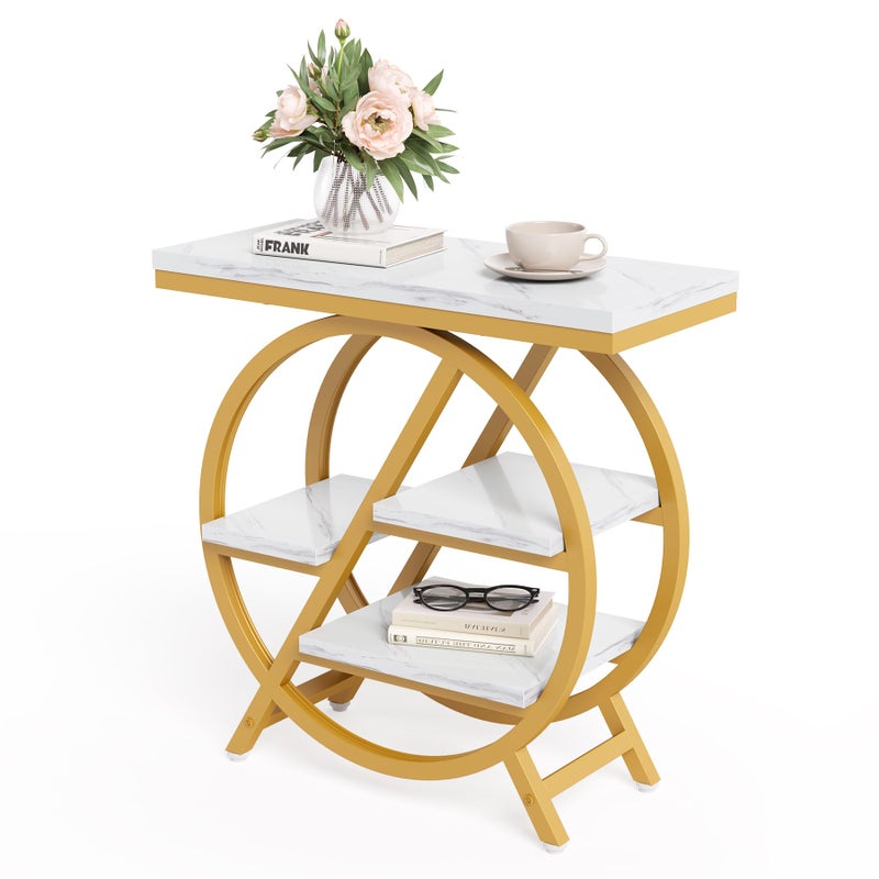 LITTLE TREE End Table, 4-Tier Narrow Faux Marble Side Table with Large Storage Space, Modern Nightstand and Bedside Table for Living Room, Home Office, Bedroom, White and Gold - Image 1