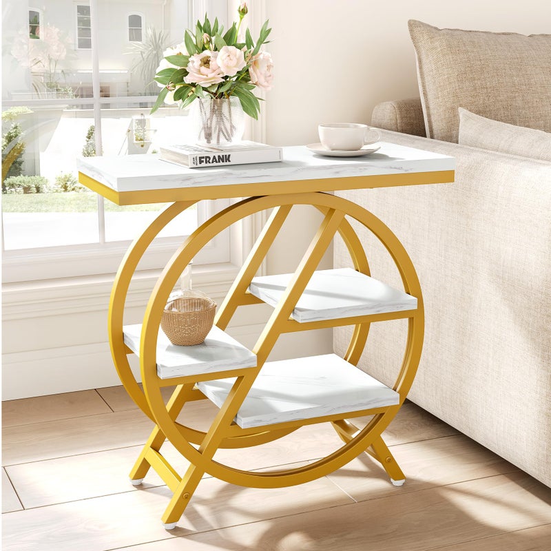 LITTLE TREE End Table, 4-Tier Narrow Faux Marble Side Table with Large Storage Space, Modern Nightstand and Bedside Table for Living Room, Home Office, Bedroom, White and Gold - Image 2