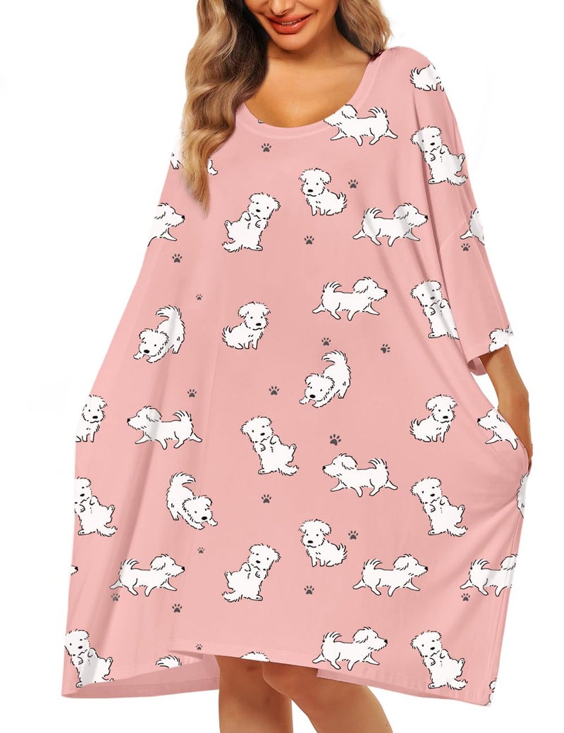 KFUBUO Plus Size Nightgowns for Women Oversized Sleep Tshirts Dress Pjs Lounge Short Sleeves Print Sleepwear With Pocket Fit S-5XL - Image 4