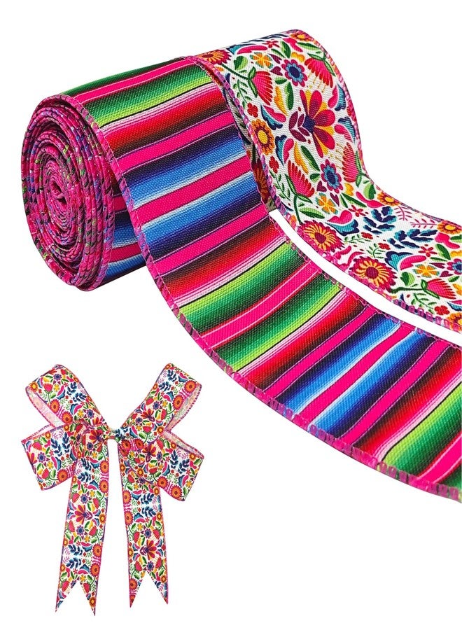 QZV 2 Rolls Mexican Fiesta Ribbons Wired for Wreath Bow Wrapping Gifts,2.5"×10 Yards Wired Edge Mixed Color Stripes and Flowers Wired Ribbons for Gift Wrapping Party Decoration - Image 1