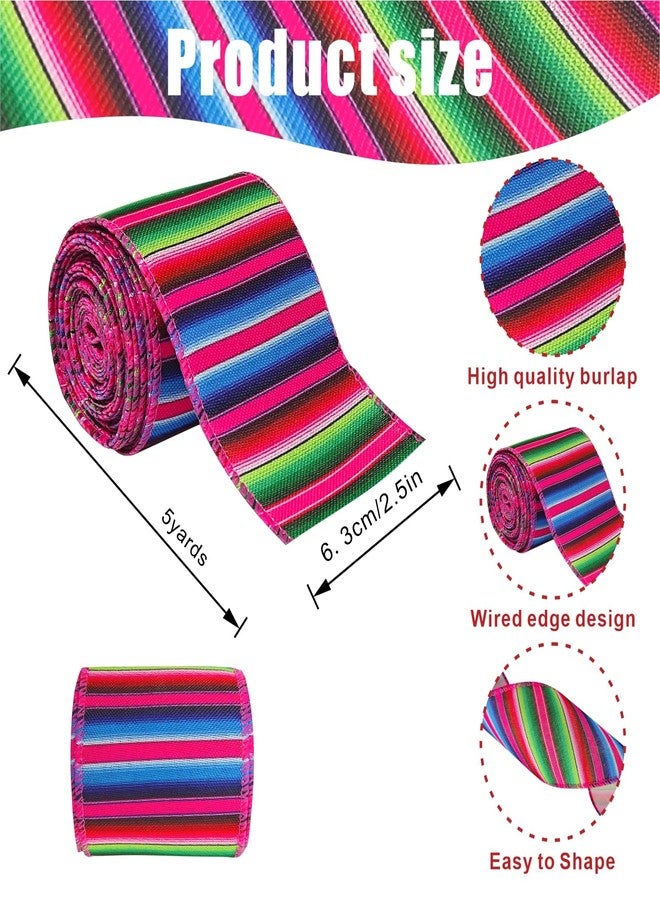 QZV 2 Rolls Mexican Fiesta Ribbons Wired for Wreath Bow Wrapping Gifts,2.5"×10 Yards Wired Edge Mixed Color Stripes and Flowers Wired Ribbons for Gift Wrapping Party Decoration - Image 2