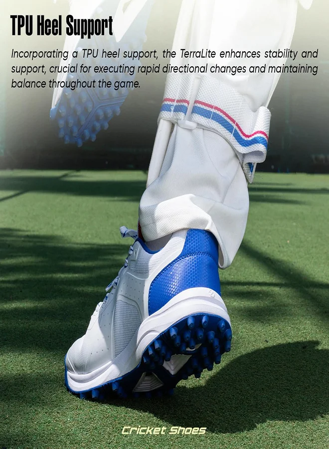 HUNDRED Hundred TerraLite Cricket Shoes | TerraSpike Rubber Studs | Embedded Support Plate for Stability | Lightweight & Durable | Ideal for Turf, Ground & Hard Surfaces (White/Navy Blue/Red ; UK 10)