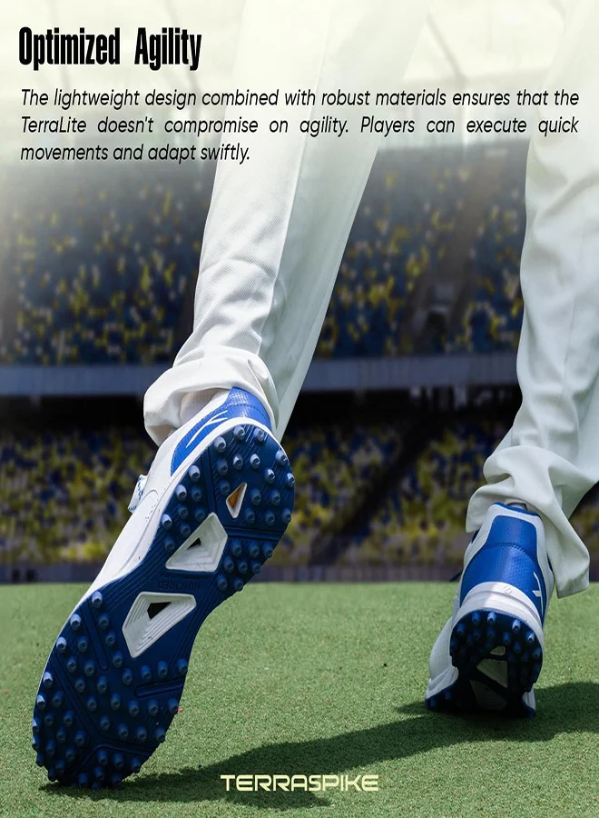 HUNDRED Hundred TerraLite Cricket Shoes | TerraSpike Rubber Studs | Embedded Support Plate for Stability | Lightweight & Durable | Ideal for Turf, Ground & Hard Surfaces (White/Navy Blue/Red ; UK 10)