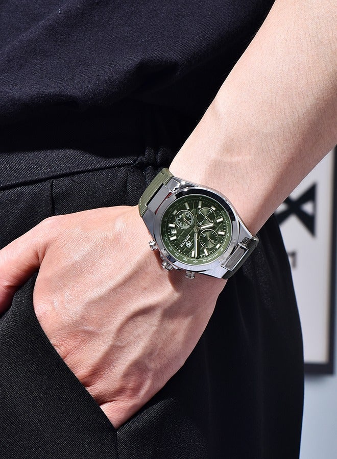 بينيار ساعات كوارتز رجالية من 5206 ساعة يد كرونوغراف رياضية جلدية للرجال تاريخ تلقائي يومي مقاوم للماء ، فضي أخضر - Image 3