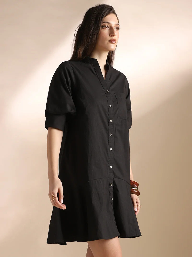 globus Globus Women Black Mandarin Collar Puff Sleeves Flared Hem Shirt Style Mini Dress