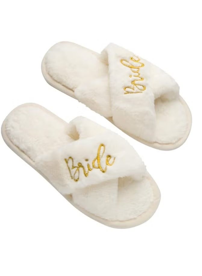 Bridal Slippers - Bridal Gifts For Bridal Showers, Engagement Parties, Weddings, And More - Comfy White Fur Slippers With Gold Embroidery (Size 40) - Image 1