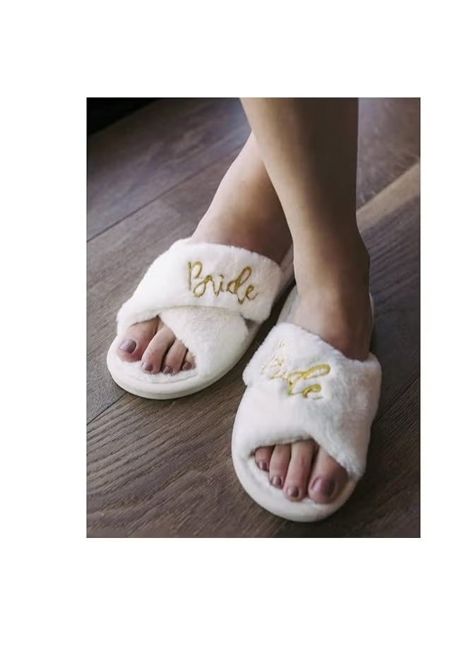 Bridal Slippers - Bridal Gifts For Bridal Showers, Engagement Parties, Weddings, And More - Comfy White Fur Slippers With Gold Embroidery (Size 40) - Image 2