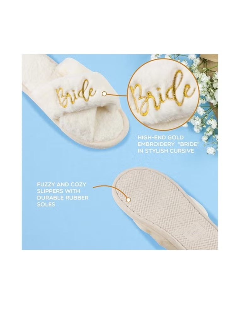 Bridal Slippers - Bridal Gifts For Bridal Showers, Engagement Parties, Weddings, And More - Comfy White Fur Slippers With Gold Embroidery (Size 40) - Image 4