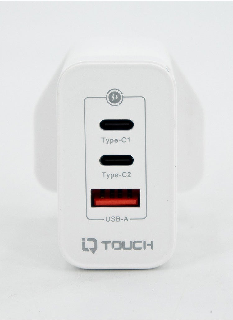IQ TOUCH 65W Compact 3-Output Gan Charger with (2 Type-C PD 65W) and (1 USB-A QC 18W) Port, IQ TOUCH iCHARGE - White  - Image 3