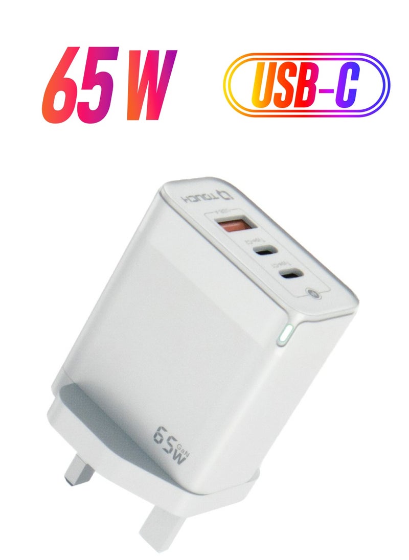 IQ TOUCH 65W Compact 3-Output Gan Charger with (2 Type-C PD 65W) and (1 USB-A QC 18W) Port, IQ TOUCH iCHARGE - White  - Image 1