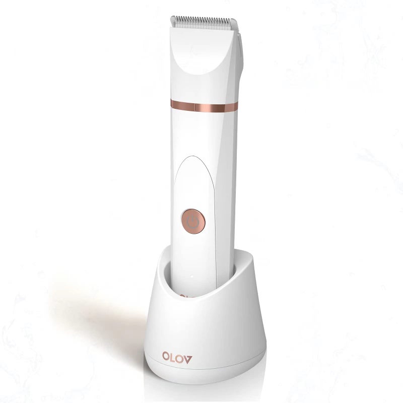 OLOV Electric Body Hair Trimmer - Groin Trimmer for Men - Bikini Trimmer Women - Wet/Dry Shaver Groomer, Replaceable Ceramic Blade Heads, USB Recharge Dock, Waterproof Hygiene Razor, White - Image 1