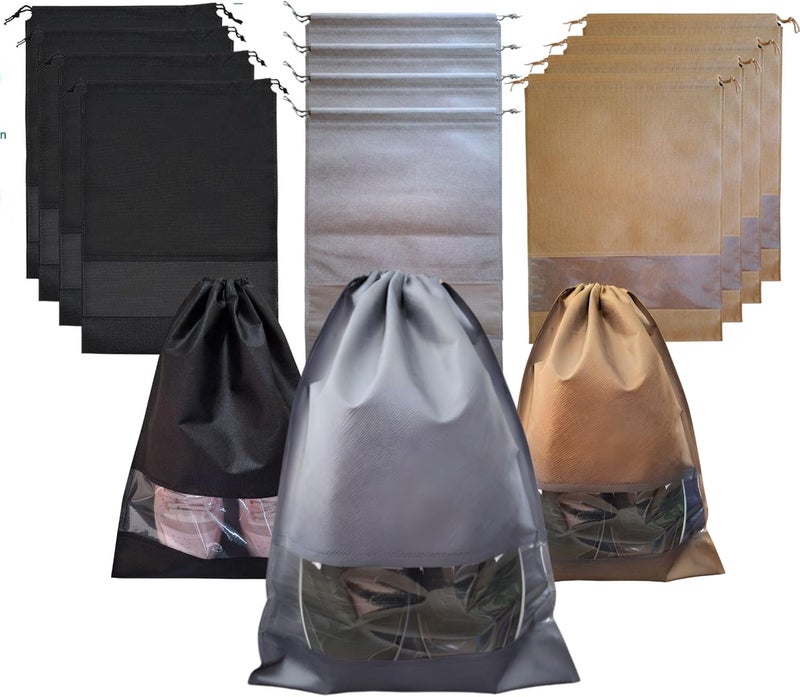 SPLANDIN 12 Pcs Shoe Bags for Travel, Packing, Storage & Organizing. Reusable Dust-Proof & Water Resistant Shoe Pouch Protector with Clear Transparent Window & Drawstrings. (Sand, Gray & Black) - Image 1