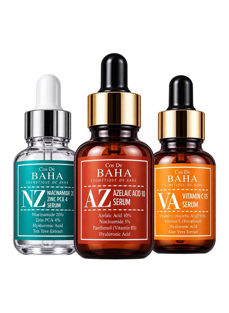 COS DE BAHA Azelaic Acid 10% + Vitamin C 15% + Niacinamide 20% Zinc PCA 4% Serum Set of 3 - Korean Skincare for Dark Spots, Hyperpigmentation, Acne-Prone Skin, Enlarged Pores, Redness, Oil Control & Uneven Skin Tone - Brightening Face Serum Bundle, 3 x 30ml - Image 1