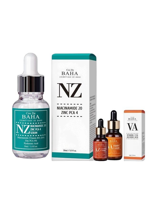 COS DE BAHA Azelaic Acid 10% + Vitamin C 15% + Niacinamide 20% Zinc PCA 4% Serum Set of 3 - Korean Skincare for Dark Spots, Hyperpigmentation, Acne-Prone Skin, Enlarged Pores, Redness, Oil Control & Uneven Skin Tone - Brightening Face Serum Bundle, 3 x 30ml - Image 2