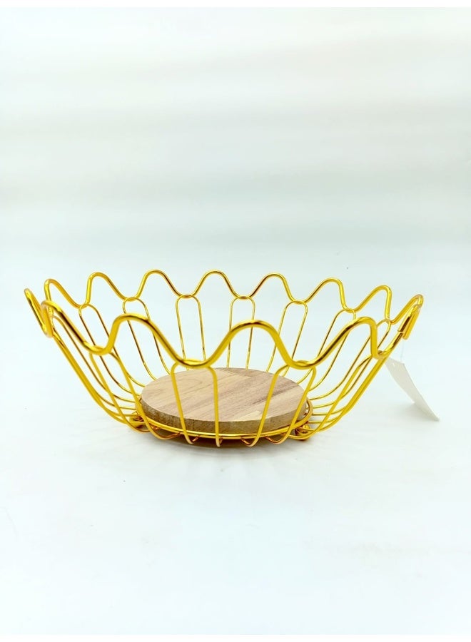 Genaric سلة فواكه معدنية ذهبية أنيقة مع قاعدة خشبية - Image 1