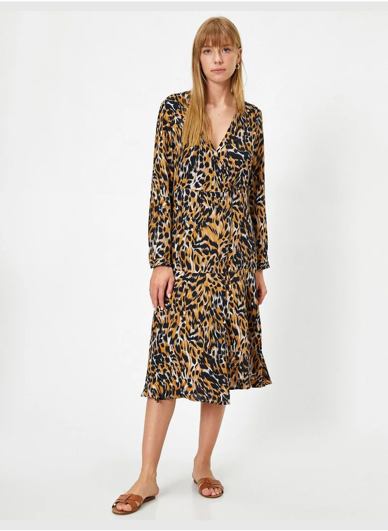 KOTON V Neck Leopard Printed Frilled Dress