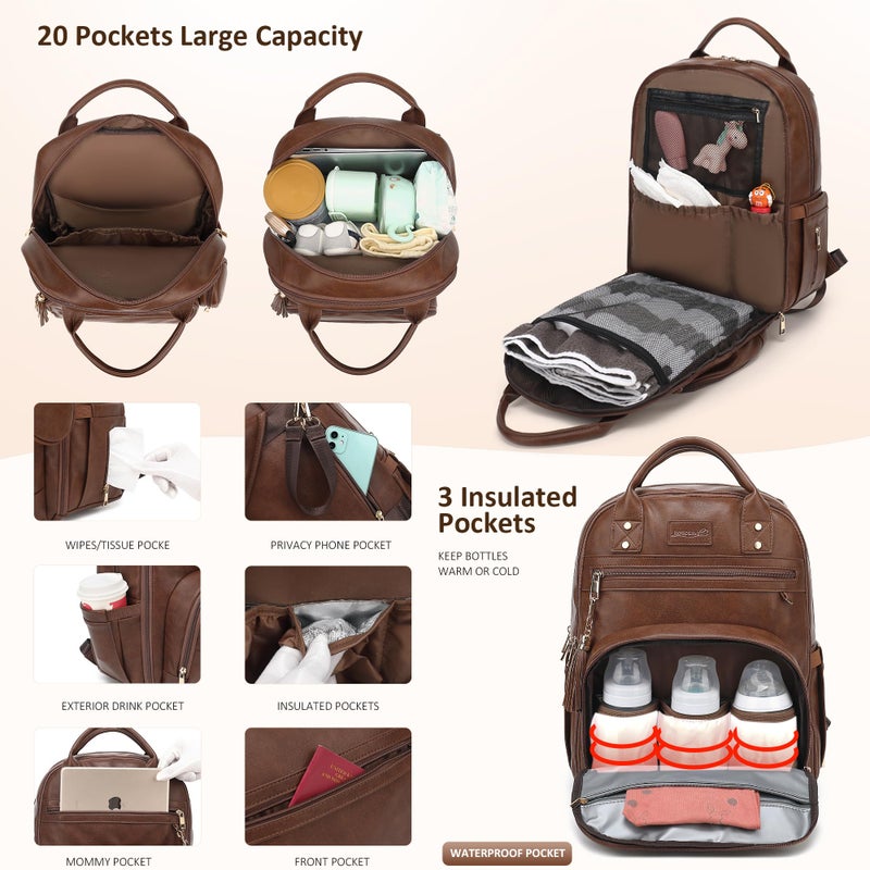 ROSEGIN Premium Vegan Leather Diaper Bag Backpack with Waterproof Changing Pad, Reinforced Zippers & Odor-Free,20 Pockets Pro Organizer, Fits 15.6" Laptop, Stroller Straps, Baby Bag for Mom,Dark Brown - Image 2