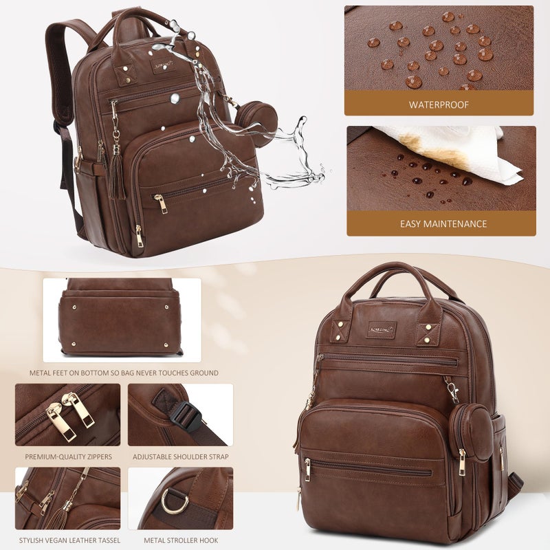 ROSEGIN Premium Vegan Leather Diaper Bag Backpack with Waterproof Changing Pad, Reinforced Zippers & Odor-Free,20 Pockets Pro Organizer, Fits 15.6" Laptop, Stroller Straps, Baby Bag for Mom,Dark Brown - Image 5