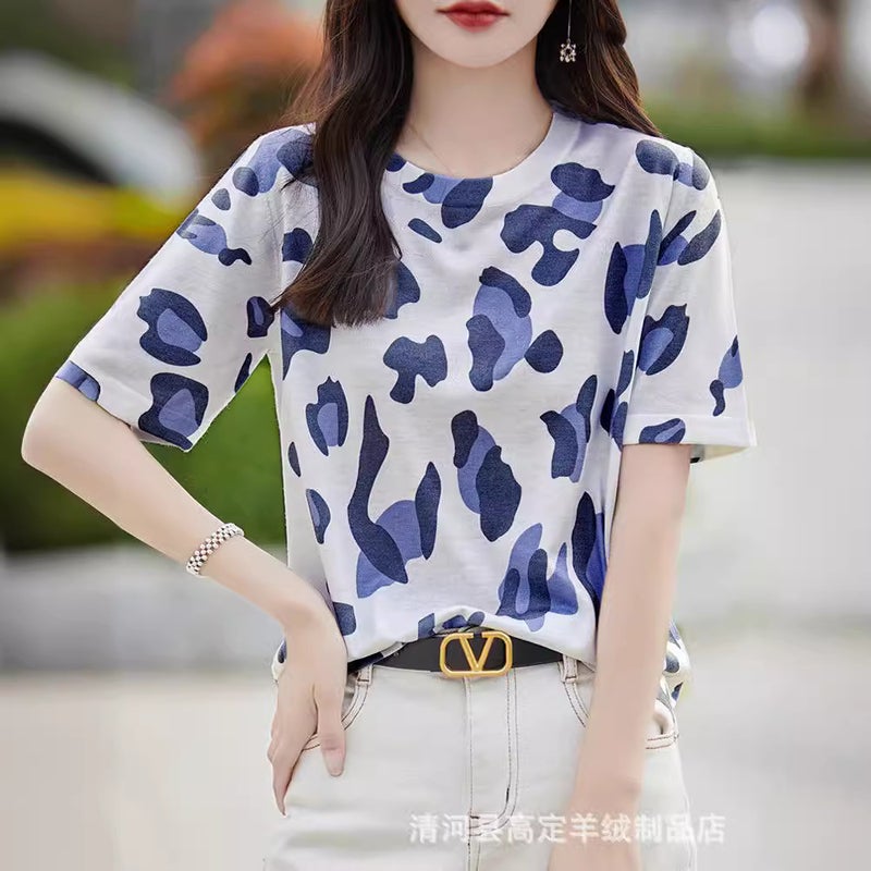 There Is Always A Suitable One-Summer Classic Joker Mulberry Silk Various Printed Pattern Round Neck Short Sleeve T-Shirt - Image 1