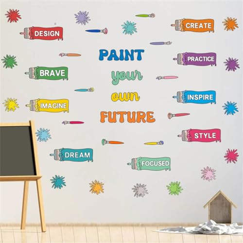 YIMEHDAN Colorful Paintbrush with Paint Splatter Wall Decal, Paint Your Own Future Inspirational Quote Vinyl Wall Stickers, Removable Ink Splotch Artwork for Art Room Classroom Playroom Decor - Image 2