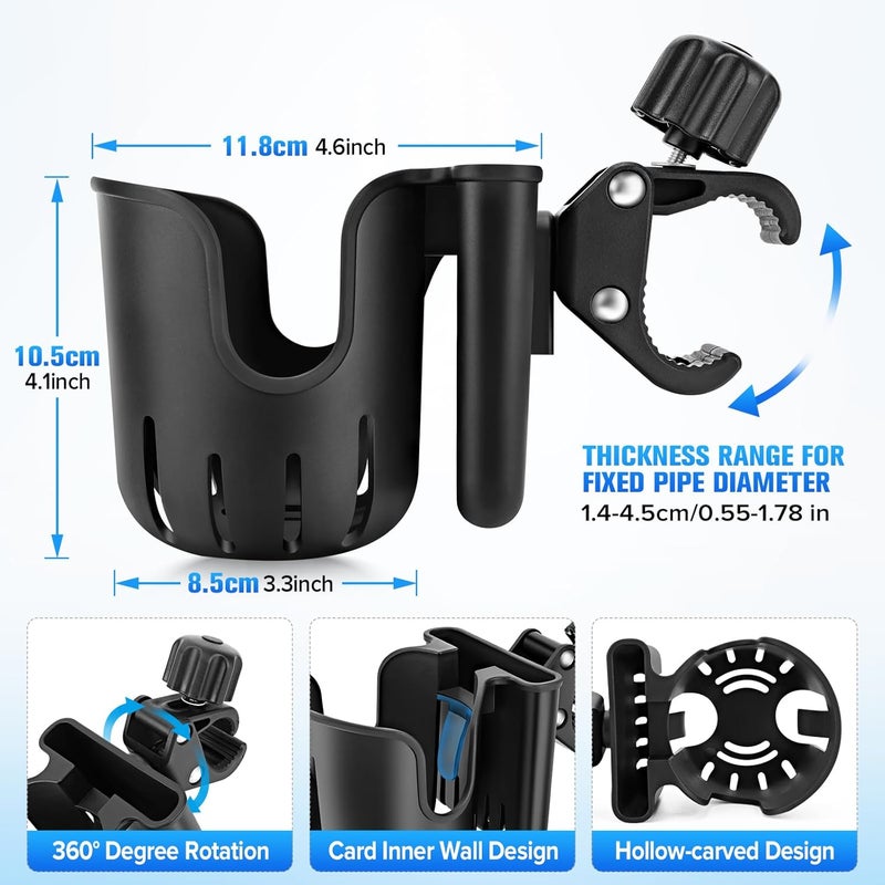 TSAKBAM Stroller Cup Holder with Phone Holder 2in1 Universal Cup Holder for Walker Wheelchair Bike Scooter Fits Most Cup Black - Image 2