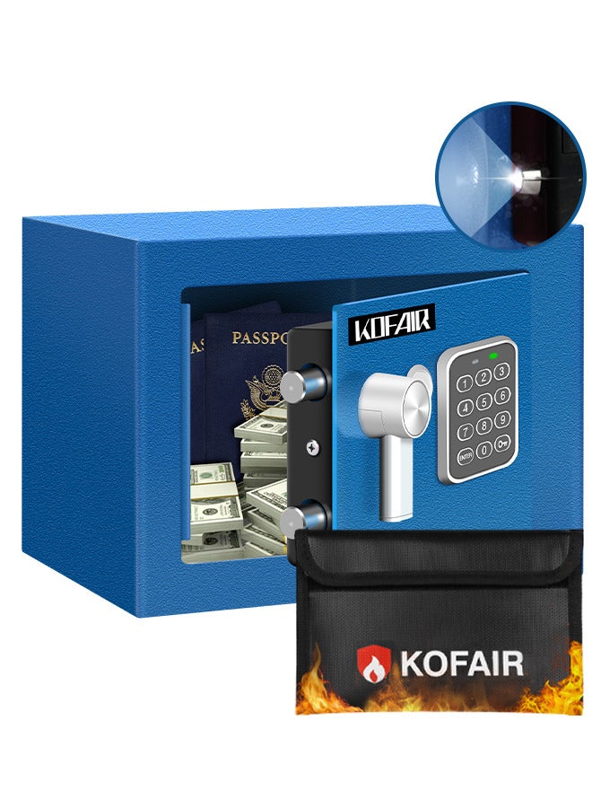 KOFAIR Home Safe (0.23 Cubic Feet) with Fireproof Bag, Mini Digital Safety Box with Light, Money Lock Box (Blue)  - Image 1