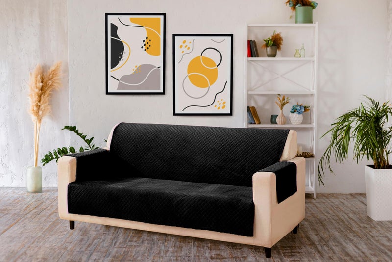 KINGLY Velvet Quilted Universal Elastic Sofa Cover Non-Slip Sofa Protector 3 Seater Armchair Cover with Machine Washable Adjustable Elastic Straps (3 Seater) (Jet Black) - Image 1
