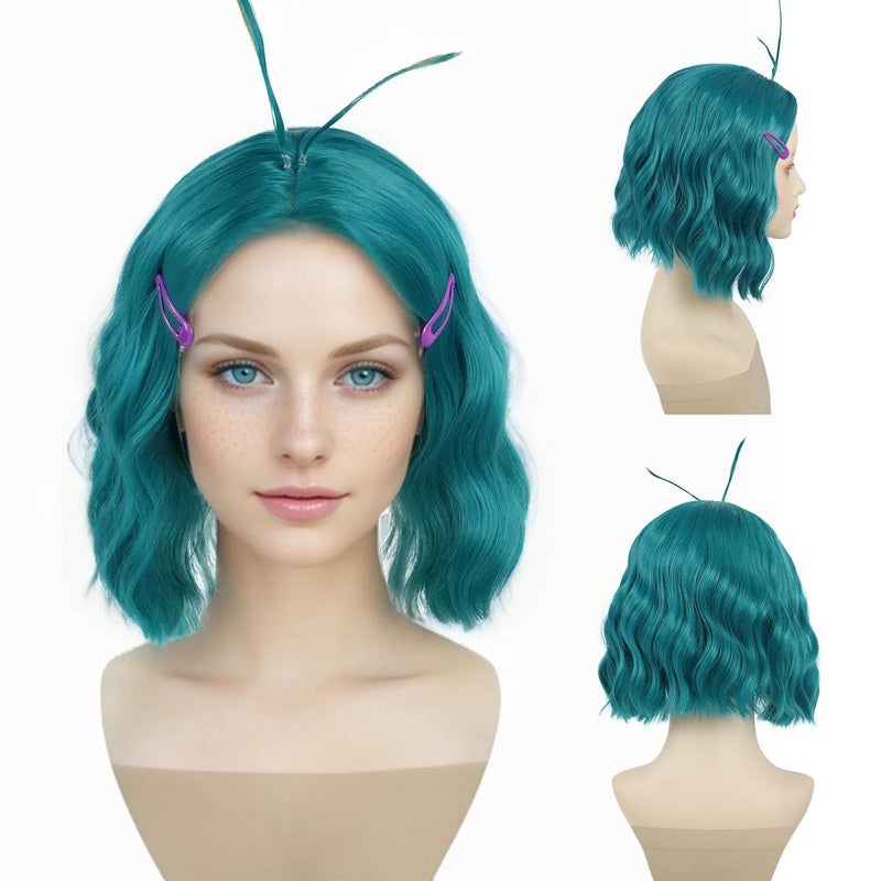 GNIMEGIL Envy Wig Cyan Color Short Curly Wavy Wig with 2 Hairpins Halloween Cosplay Party Movie Envy Costume Wigs