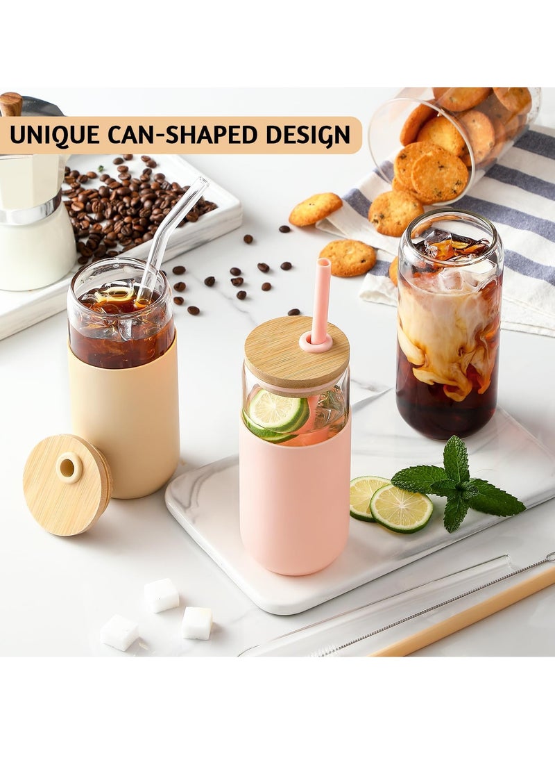 MIXDE 20 OZ Glass Cups with Bamboo Lids and Straws - Beer Can Shaped Drinking Glasses with Silicone Protective Sleeve Set, Iced Coffee Glasses, Cute Tumbler Cup for Water, Tea  - Image 2