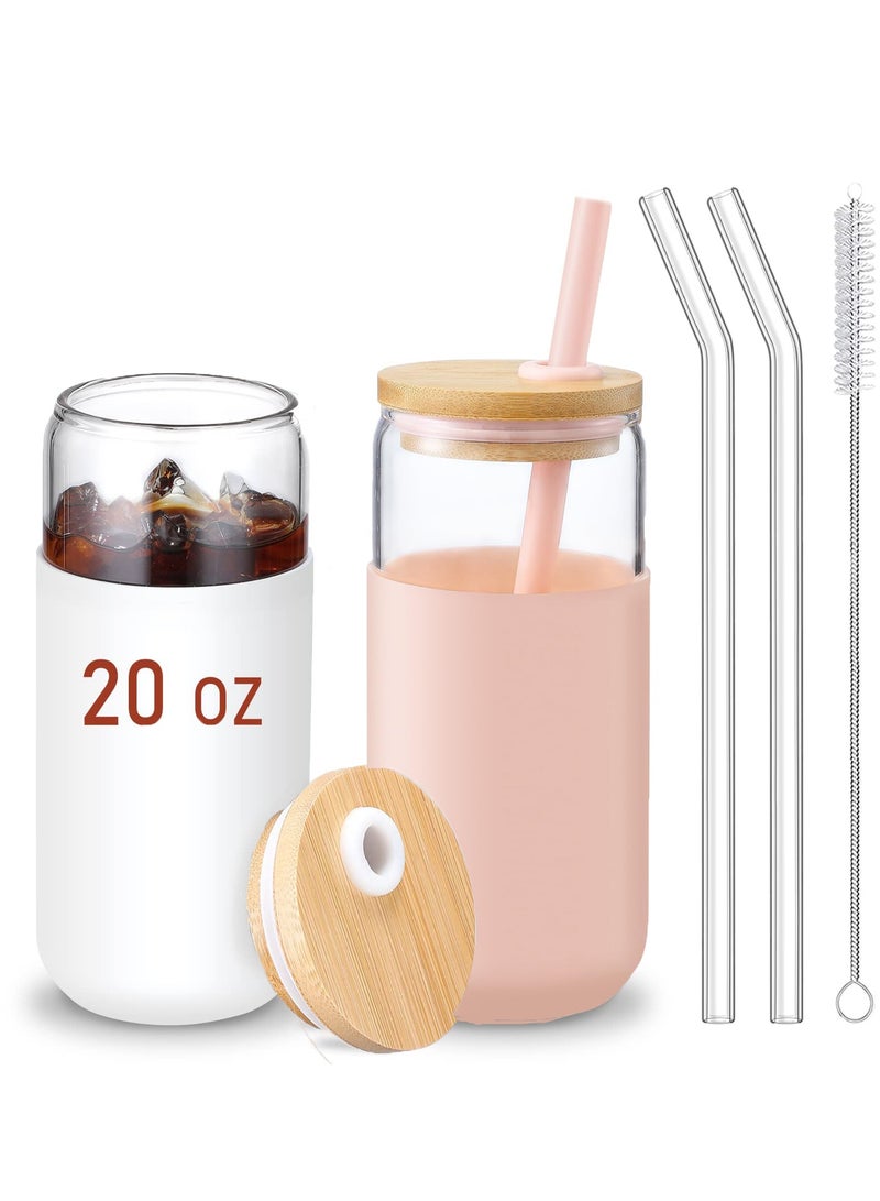 MIXDE 20 OZ Glass Cups with Bamboo Lids and Straws - Beer Can Shaped Drinking Glasses with Silicone Protective Sleeve Set, Iced Coffee Glasses, Cute Tumbler Cup for Water, Tea  - Image 1