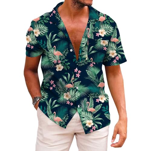 KYKU Men's Hawaiian Shirts Vacation Button Up Shirt Flamingo, Green, Medium - Image 1