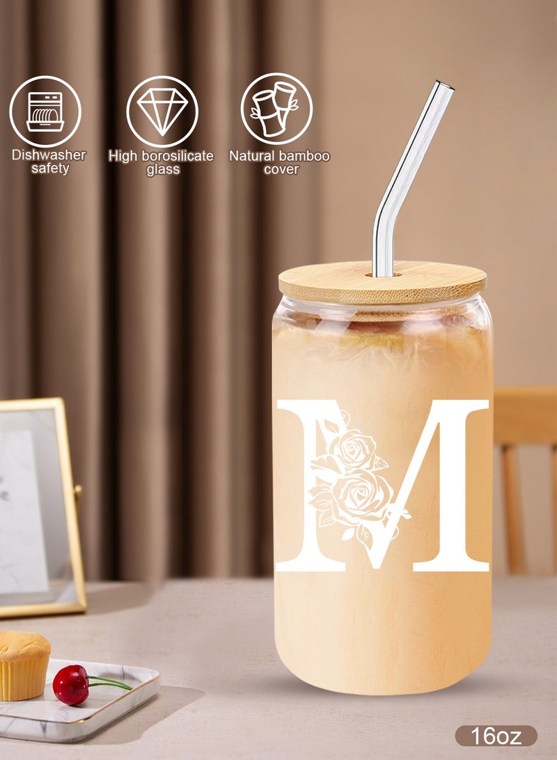 DAMCONME Birthday Gifts for Ladies, Monogrammed Initial Glass Cup Personalized Gifts for Women, 16oz Glass Cups with Lids and Straws, Iced Coffee Cup - Gifts for Birthday,M - Image 3