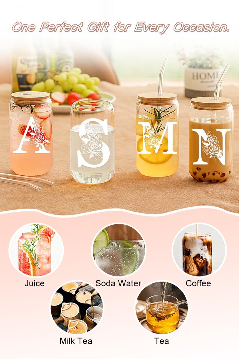 DAMCONME Birthday Gifts for Ladies, Monogrammed Initial Glass Cup Personalized Gifts for Women, 16oz Glass Cups with Lids and Straws, Iced Coffee Cup - Gifts for Birthday,M - Image 2