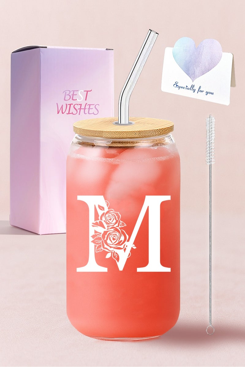 DAMCONME Birthday Gifts for Ladies, Monogrammed Initial Glass Cup Personalized Gifts for Women, 16oz Glass Cups with Lids and Straws, Iced Coffee Cup - Gifts for Birthday,M - Image 1