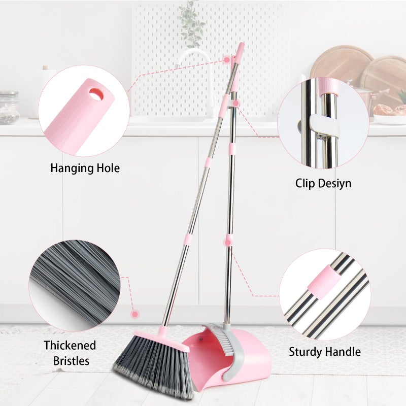 OOOFLOWER Broom and Dustpan Combo Set, Long Handle and Standing Dust Pan with Comb Teeth, Efficient Floor Cleaning for Kitchen, Outdoor, Dorm, Apartment, Office Lobby (Pink Gray) - Image 3