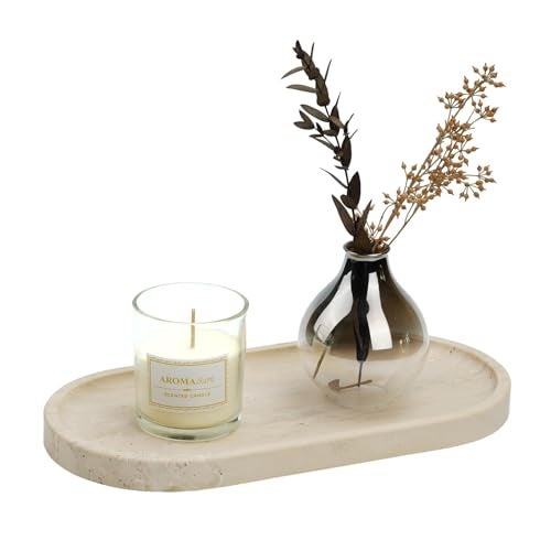 Koville Italian Natural Travertine Vanity Decorative Marble Tray, 12"x6" Light Beige Travertine Wabi Sabi Style Catchall Tray for Perfume, Candles, Jewelry - Image 1