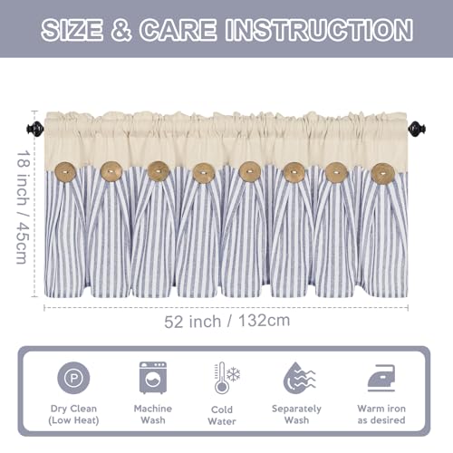 ASPMIZ Cotton Linen Kitchen Valance Curtains, Boho Rustic Button Valances for Windows Farmhouse Style, Blue Stripe Window Valances for Bathroom Cafe, Tie Up Valance for Kitchen Windows, 52 x 18 Inch - Image 5