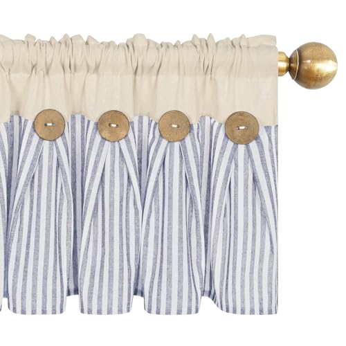 ASPMIZ Cotton Linen Kitchen Valance Curtains, Boho Rustic Button Valances for Windows Farmhouse Style, Blue Stripe Window Valances for Bathroom Cafe, Tie Up Valance for Kitchen Windows, 52 x 18 Inch - Image 2